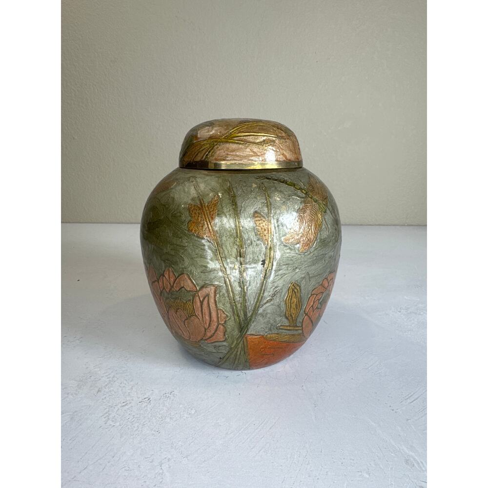 Hand-Painted Brass Urn Vase with Lid - Floral Dragonfly Design‎